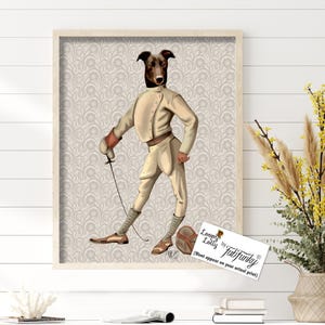 Greyhound Art Print - Italian Greyhound Portrait as Fencer - Funny Whippet Wall Art Gift for Dog Lovers