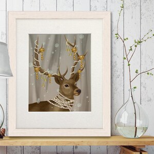 Deer home art - Deer with gold bells - Deer art decor Woodland deer Stag print Deer painting Deer head art print Deer artwork Deer poster