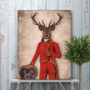 art prints on canvas Large wall decor art on canvas - Deer in Red & Gold Jacket deer art decor Deer print art Deer canvas art Woodland deer