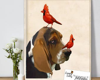 Basset Hound Picture, Funny Dog with Red Cardinals, CuteHandmade Wall Art Gift for Pet Lovers