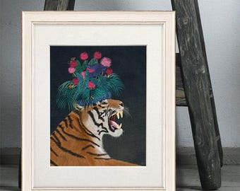 Tiger painting - Tiger hothouse 1 - Tiger art Tiger poster Cat lover gift Large animal art Big cat art Tiger print Jungle decor Tropical art