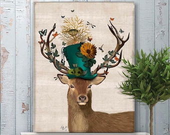 Mad Hatter Deer Canvas Art: Whimsical Wonderland Print