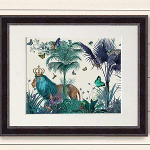Lion Print - Blue Lion in Tropical Jungle - lion illustration lion picture tropical decor tropical leaf tropical Print jungle print colorful image 4