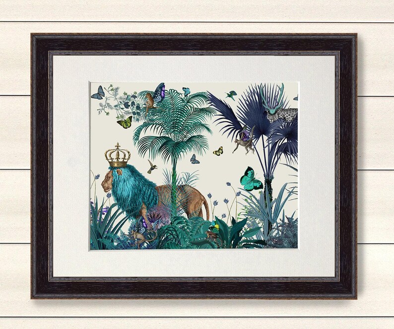 Lion Print - Blue Lion in Tropical Jungle - lion illustration lion picture tropical decor tropical leaf tropical Print jungle print colorful image 4