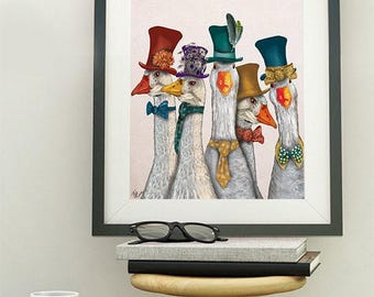 Silly Goose in Silly Hats - Gaggle of Geese Art print modern nursery bright wall art bright art art for boys room decor cute gift for friend