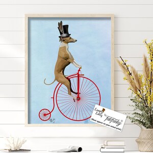 Greyhound Print  Red Penny Farthing Art Print, poster dog illustration dog picture dog gift dog lover dog print painting portrait