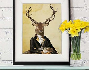 Deer Print - Deer & Chair Portrait - Deer painting Illustration Art Print deer poster Home Decor Wall Decor regency style country home decor