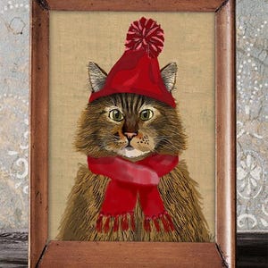 Maine Coon Cat and Woolly Hat, Maine Coon Cat poster, ginger cat wall decor cat illustration cat picture cat gift cat lover cat print image 1