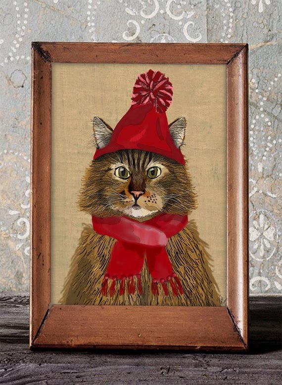 Maine Coon Cat and Woolly Hat, Maine Coon Cat poster, ginger cat wall decor cat illustration cat picture cat gift cat lover cat print