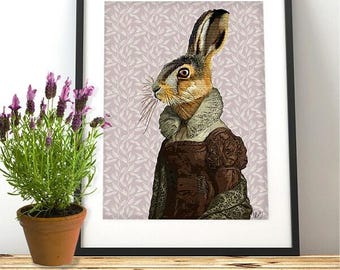 Impression d'art Madam Hare - Portrait de lapin fantaisiste, décoration de chambre à coucher