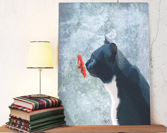 黒猫のプリント、花を嗅ぐ黒猫の壁アート、猫のイラスト、黒猫の絵、猫の絵画、黒猫のポスター、猫のアート、壁の装飾