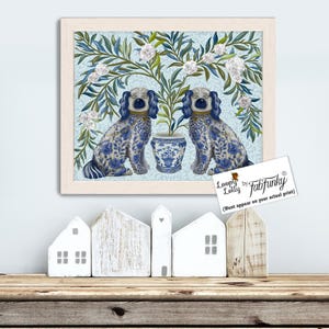 Chinoiserie art print, Blue & white porcelain Staffordshire dog twins oriental floral pot, Decorative wall art for country home or dog gift
