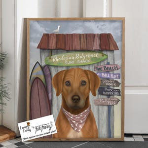Lámina artística de perro surfero Rhodesian Ridgeback: decoración de casa de playa