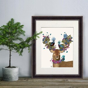 Deer and Bird Art Print: Woodland Animal Home Decor