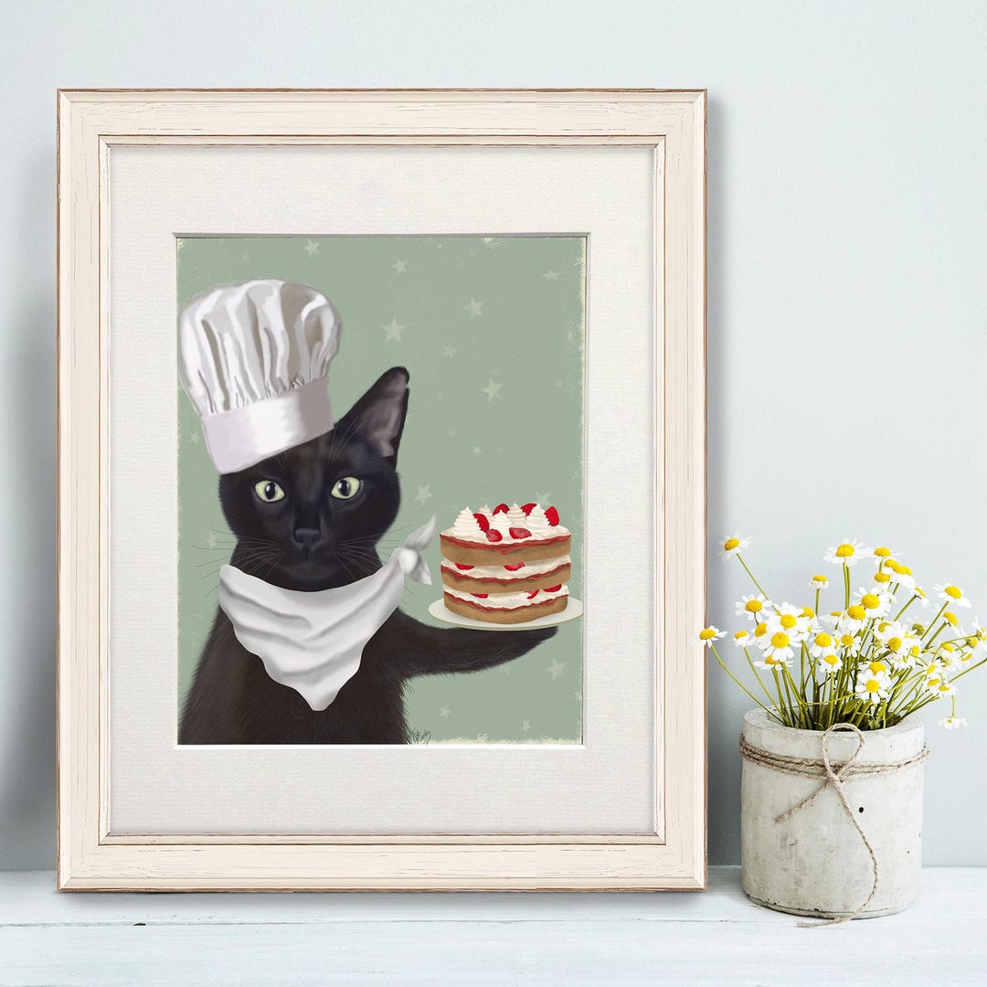 black cat chef art print: boho kitchen cooking poster... Funny Cat Print, Black Cat Art, Foodie Gift, Strawberry Cake Art ...