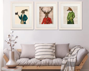 Set of 3 prints, Hare poster, Deer illustration, Fox decor, Woodland art prints, Collection of art, Rabbit print, Gift for him, Living room