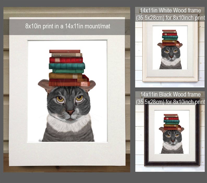 Grey Cat Books on Head Grey Cat Painting Grey Cat Print Book - Etsy