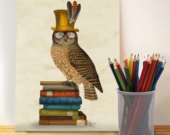 Bookworm gift - Owl on Books  gift for book lovers book nerd library print literary print teacher appreciation gift Nerdy gift geek nursery