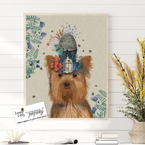 Yorkie dog print Yorkshire Terrier art print - Milliners Dog - beehive print floral art print cute dog gift idea dog bedroom art