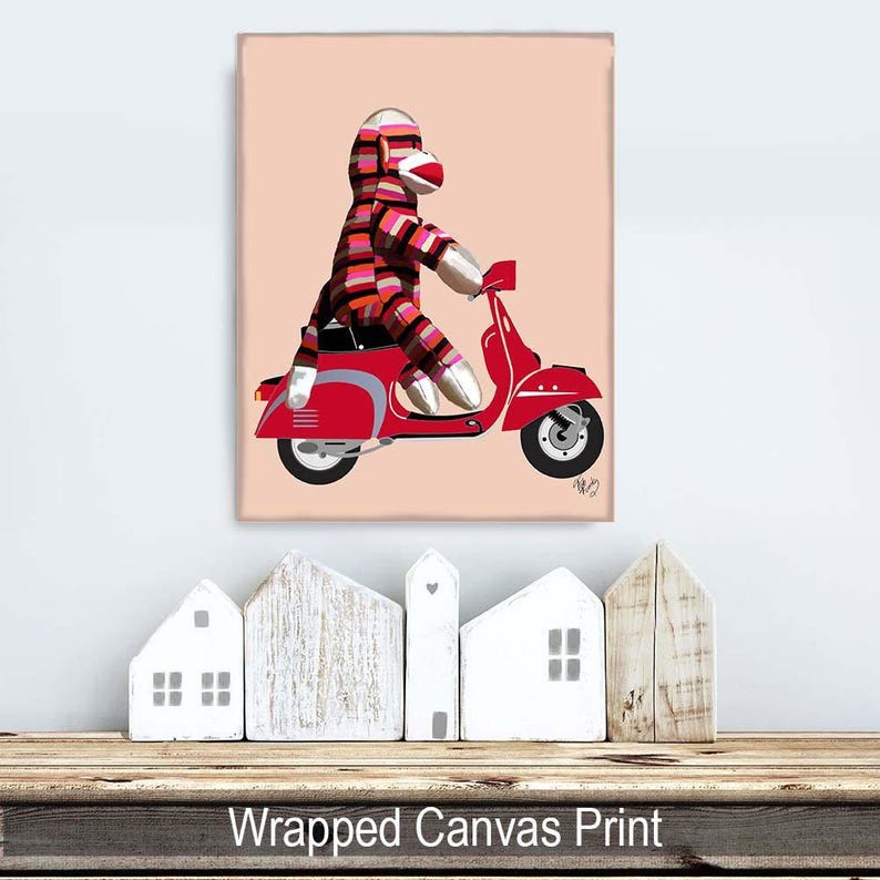 Sock Monkey on Moped Art Print – Whimsical Kids Wall Decor image 6