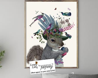 Squirrel Art Print, Cute Floral Squirrel Wall Art, Colorful Bright Bold Whimsical Woodland Animal, Country home decor, Wildlife lover gift,