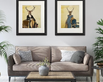 Regency deer set of 2 prints, Deer and chair, Deer in blue dress, Jane Austin style, Stag wall art, Antlers decor, Deer painting, Art gift