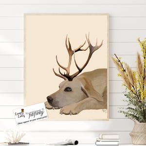 Labrador gifts Yellow Labrador art print - Labrador and Antlers - Labrador picture Labrador painting Labrador print Labrador wall art