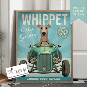 Stampa artistica di cane Whippet marrone chiaro in auto hot rod, poster di officina, cane divertente in stile vintage, stampa personalizzata di auto d'epoca, arte murale per garage
