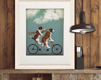 St Bernard breed - St Bernard on tandem - Saint Bernard dog Cycling gift Bike wedding gift Bicycling Dog lover gift Prints of dog Dog art