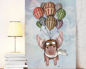 Flying Pig - Pig Hot Air Balloon  - pig print pig decor pig art pig nursery print Farm animal gift for farmer Nursery Art for Kids Room