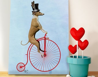 Greyhound Print Italian Red Penny Farthing Bicycle Wall Decor Wall Art Top hat Dog on bike, dog print, Whippet Iggies dog lover