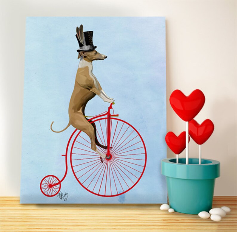 Greyhound Print Italian Red Penny Farthing Bicycle Wall Decor Wall Art Top hat Dog on bike, dog print, Whippet Iggies dog lover image 1