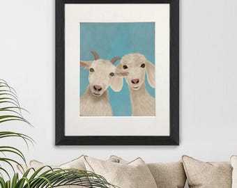 Painting of goats, Goat duo looking at you, goat art print, funny goat decor, cute goat art, farm animal, blue room decor, gift for couple