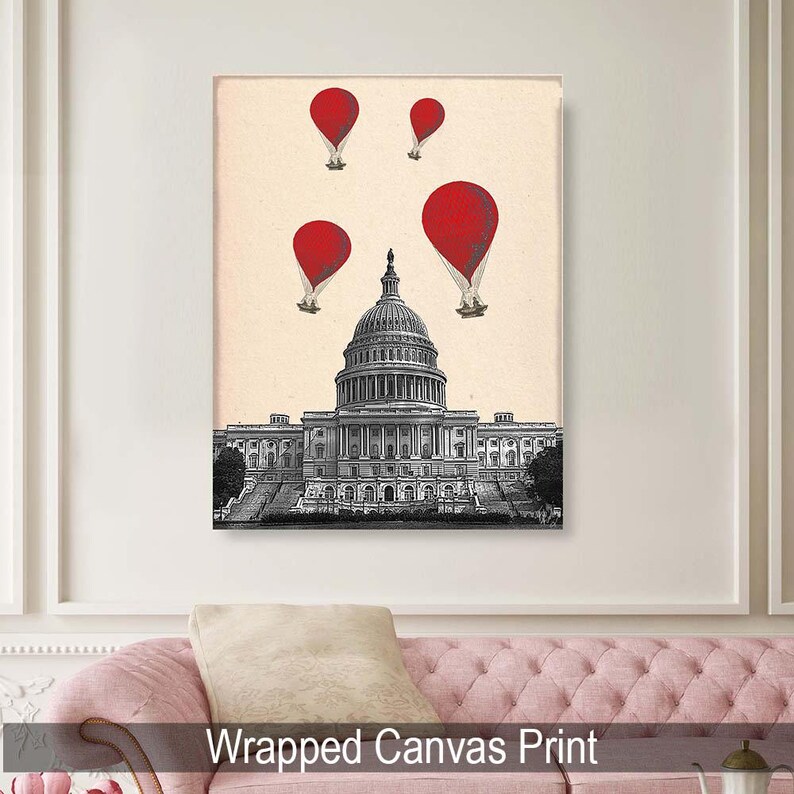 US Capitol Building Red Hot Air Balloons Digital Illustration Drawing Poster Digital Print Wall Art Wall Decor Wall Hanging image 6
