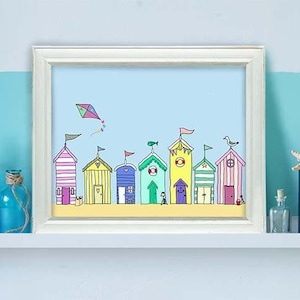 Beach Huts in a Row  - beach house decor beach house art beach hut print nautical print seaside beach art seaside print beach hut art