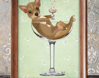 Chihuahua in Cocktail Glass: Chihuahua print Chihuahua illustration Chihuahua picture chiwawa print dog print dog lover wall art decor