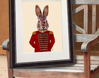 Military Rabbit Art Print: Red Uniform, Woodland Decor