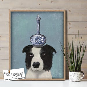Border Collie Kunstdruck - Border Collie und blaue Vase - Border Collie Geschenke Border Colliebild Border Collie Malerei Border Collie Druck