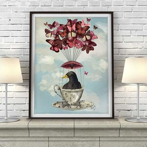 Bird print  Blackbird in Teacup - blackbird Art Butterfly decor Hot air balloon print Butterfly nursery art bird Nursery decor