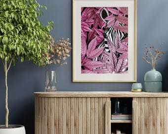 Zebra in Pink Leaves Art Print: Tropical Jungle Animal Decor