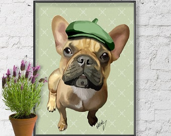 Bulldog francese e cappello verde stampa bulldog francese, poster frenchie poster frenchie cane stampa illustrazione, foto, pittura, grafica