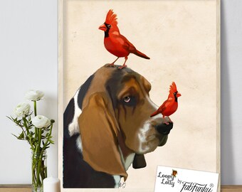Basset Hound Art Print - Red Cardinals - Basset hound gift Cute Basset Hound Print cute gift for girlfriend gift for lovers sister birthday