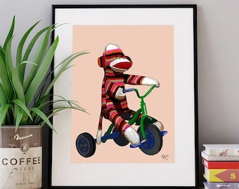 Sock Monkey on Tricycle Art Print – Whimsical Nursery Decor