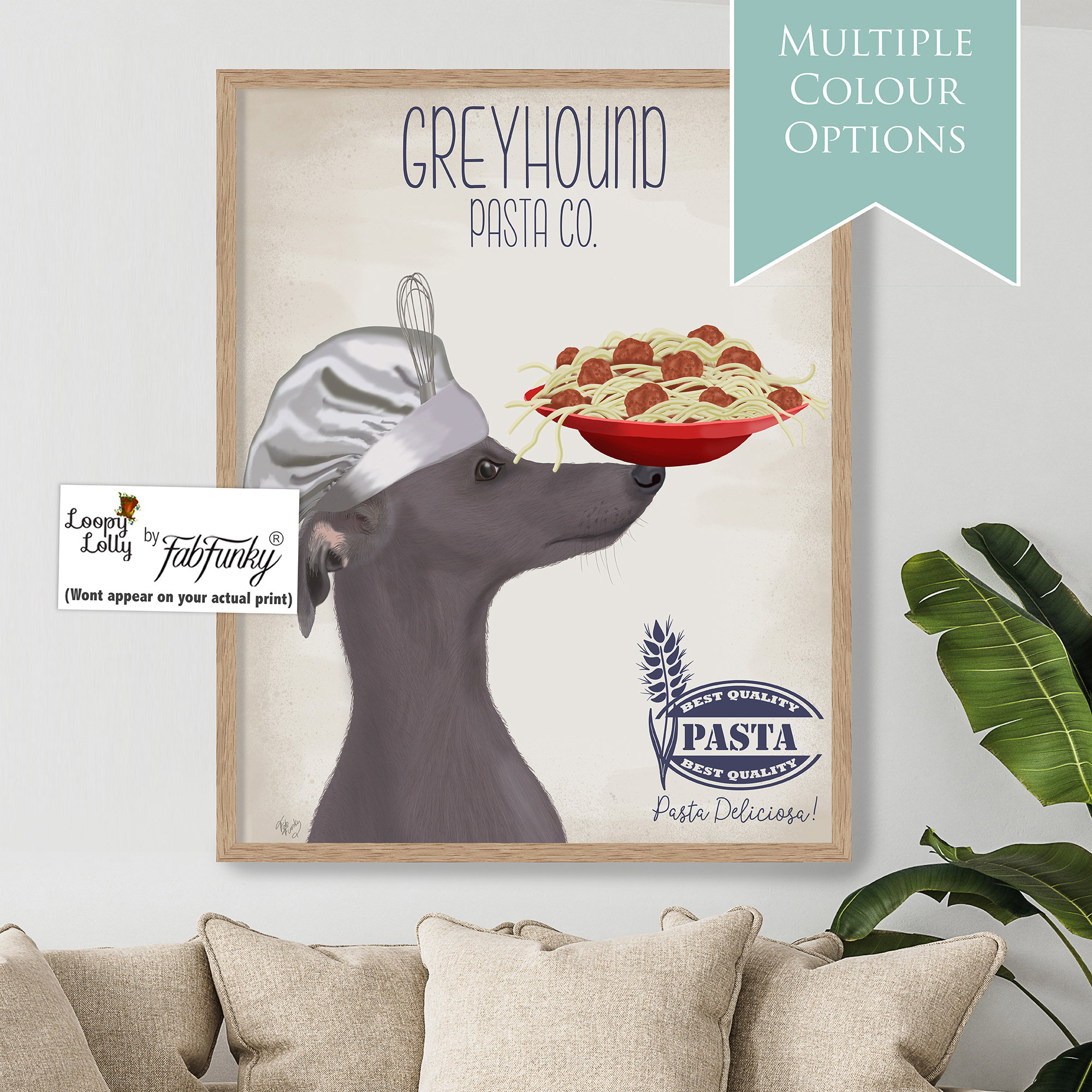 Cute Whimsical Greyhound dog art print, Italian Style Spaghetti Pasta Kitchen Wall decor, funny quirky pet portrait poster blue whippet iggy