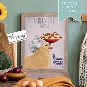Impression d'art mignonne de chien de Poméranie lunatique, décoration murale de cuisine de pâtes spaghetti de style italien, affiche moderne de portrait d'animal de compagnie original, animal drôle
