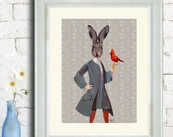 Rabbit and Bird - rabbit print Cute animal art for kids rooms woodland illustration Nursery Art for Kids Room Decor birthday gift for wife