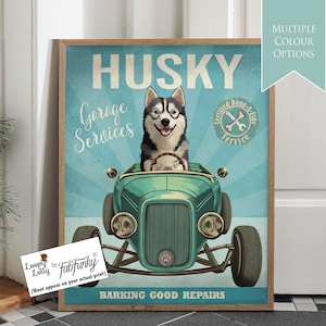 Stampa artistica di un cane husky in un'auto hot rod, poster di un'officina, cane divertente in stile vintage, stampa personalizzata di un'auto classica, decorazione da parete per garage