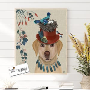 Labrador Art print - Milliners Dog Whimsical dog art birds nest Whimsical print wall decor yellow labrador print lover Wall decor home decor
