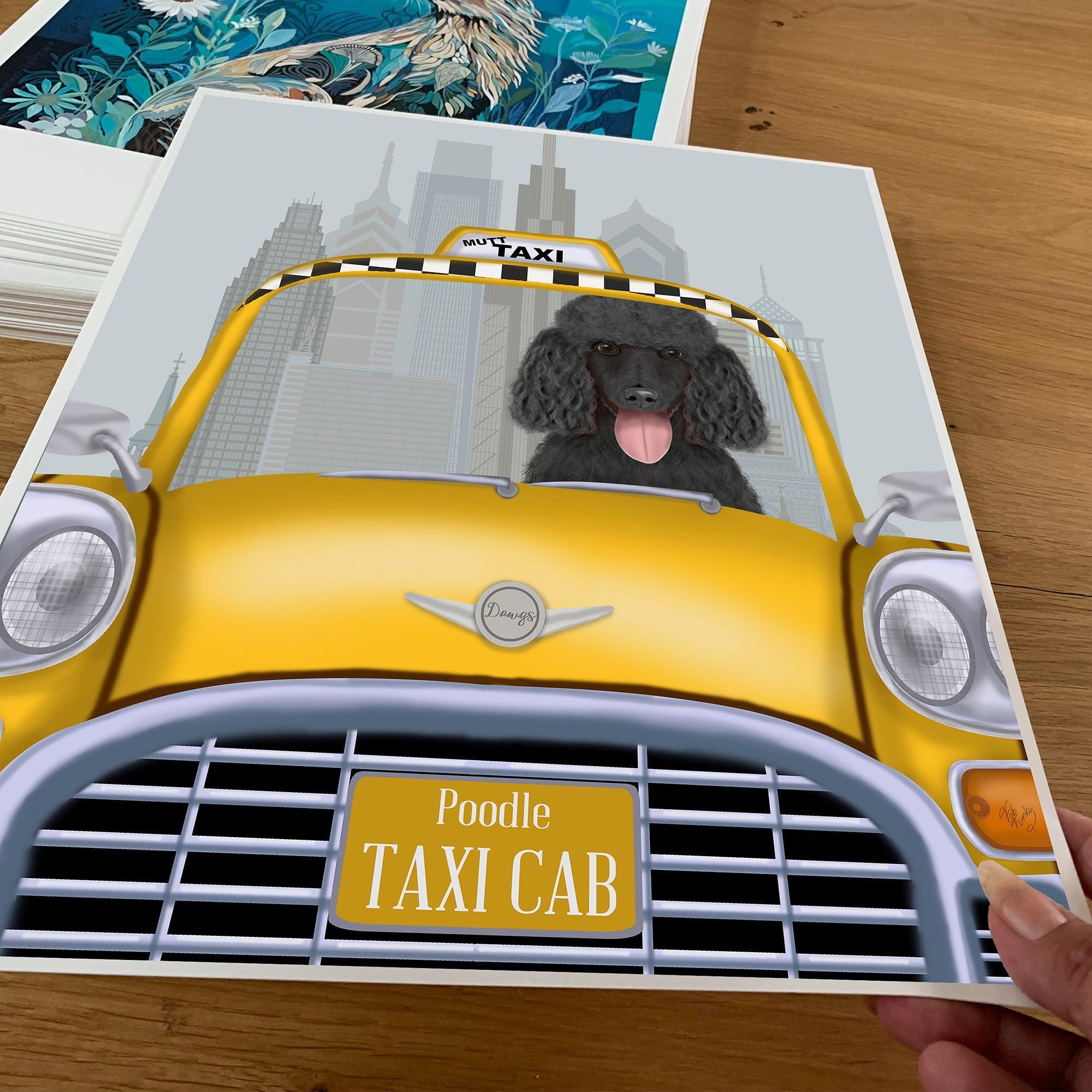Black Poodle Art Print, Funny Dog Wall Art in New York Yellow Taxi