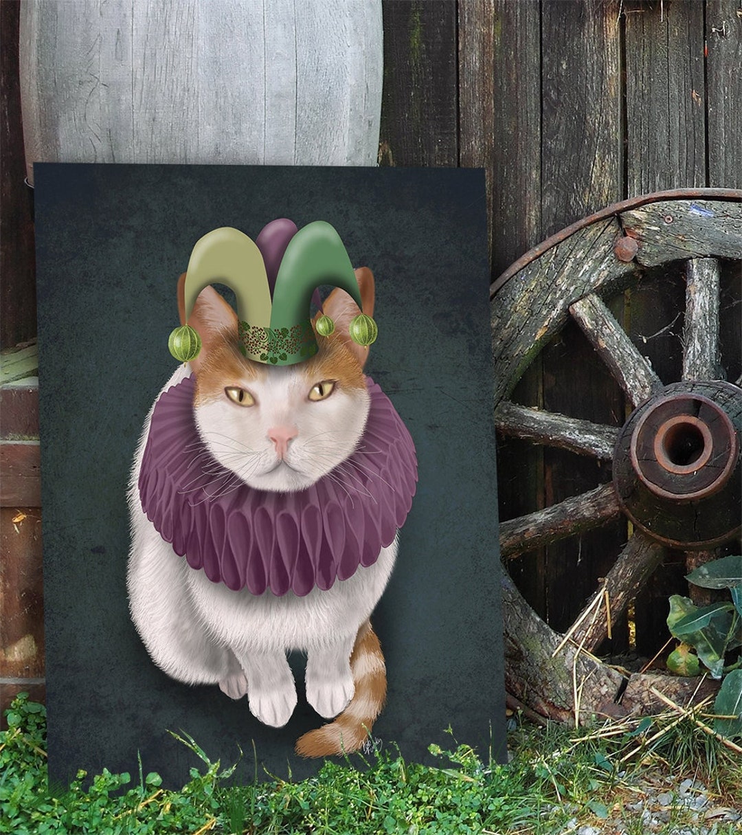 Crazy Cat Print, Weiß & Lebkuchen Katze im Narrenkostüm, Mardi Gras Kunst  für Katzen geschenk oder Spielezimmer Dekor, Druck auf Leinwand oder Poster  gerahmt